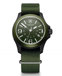 Nature is no match for you. Arm yourself with this ultra-durable watch by Victorinox Swiss Army. Olive green nylon strap and round olive green nylon fiber case with anti-reflective mineral crystal and aluminum bezel. Olive green dial features numerals at three, six and nine o'clock, stick indices, date window, military time, three hands and logo. Swiss quartz movement. Water resistant to 100 meters. Three-year limited warranty. Nature is no match for you. Arm yourself with this ultra-durable watch by Victorinox Swiss Army. Olive green nylon strap and round olive green nylon fiber case with anti-reflective mineral crystal and aluminum bezel. Olive green dial features numerals at three, six and nine o'clock, stick indices, date window, military time, three hands and logo. Swiss quartz movement. Water resistant to 100 meters. Three-year limited warranty.