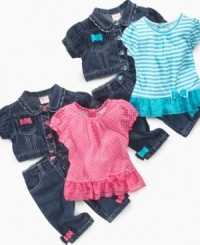 She'll be a denim darling in this three-piece set from Nannette. Bow detailing on the jacket and jeans and a ruffle hem on the shirt add an extra touch of sweetness to the outfit. She'll be a denim darling in this three-piece set from Nannette. Bow detailing on the jacket and jeans and a ruffle hem on the shirt add an extra touch of sweetness to the outfit.