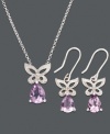 Set your heart aflutter with these fantastic winged creatures. Sterling silver jewelry set by Victoria Townsend features three matching pear-cut amethyst drops (1-1/3 ct. t.w.) with sparkling diamond accents. Approximate length: 18 inches. Approximate pendant drop: 5/8 inch. Approximate earring drop: 1 inch.