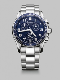Sporty and sleek, in a classic chronograph style crafted with superior Swiss technique.Precision Swiss quartz analog movementWater resistant to 10 ATMStainless steel case; 41mm diameter (1.61)Tachymeter scaleChronograph dialsAnti-reflective sapphire crystalLuminous hands and numeralsDate display at 6:00Second handStainless steel bracelet; 21mm wideMade in Switzerland Sporty and sleek, in a classic chronograph style crafted with superior Swiss technique.Precision Swiss quartz analog movementWater resistant to 10 ATMStainless steel case; 41mm diameter (1.61)Tachymeter scaleChronograph dialsAnti-reflective sapphire crystalLuminous hands and numeralsDate display at 6:00Second handStainless steel bracelet; 21mm wideMade in Switzerland