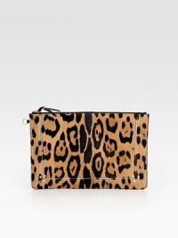 A smooth leather zipper accent is the perfect finishing touch on this ultra-chic compact shape of leopard-printed pony hair. Top zip closure with leather pullCotton lining11½W X 7½H X ½DImported A smooth leather zipper accent is the perfect finishing touch on this ultra-chic compact shape of leopard-printed pony hair. Top zip closure with leather pullCotton lining11½W X 7½H X ½DImported