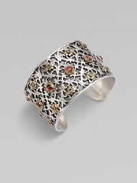Pink tourmaline and blue topaz stones set in 18k gold on a sterling silver lattice design. Pink tourmaline and blue topaz18k goldSterling silverDiameter, about 2.5Slip-on styleImported Pink tourmaline and blue topaz stones set in 18k gold on a sterling silver lattice design. Pink tourmaline and blue topaz18k goldSterling silverDiameter, about 2.5Slip-on styleImported