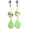 Unique & Stylish Light Green Funky Glass Clip Earrings Pierced Look- Glitter Swirl and Authentic Hand Wire Wrapped Beads