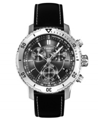 Strikingly monochromatic in design, reliably precise in its details. The PRS 200 from Tissot is crafted of black leather strap and round stainless steel case. Bezel features numerals and stick indices. Black chronograph dial features tachymeter scale, date window at four o'clock, luminous silver tone stick indices and hands, minute track, three subdials and logo. Swiss quartz movement. Water resistant to 200 meters. Two-year limited warranty. Strikingly monochromatic in design, reliably precise in its details. The PRS 200 from Tissot is crafted of black leather strap and round stainless steel case. Bezel features numerals and stick indices. Black chronograph dial features tachymeter scale, date window at four o'clock, luminous silver tone stick indices and hands, minute track, three subdials and logo. Swiss quartz movement. Water resistant to 200 meters. Two-year limited warranty.