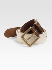 A perfect textural blend of leather and cotton canvas for casual, resort feel.LeatherCotton canvasAbout 1¼ wideMade in USA A perfect textural blend of leather and cotton canvas for casual, resort feel.LeatherCotton canvasAbout 1¼ wideMade in USA