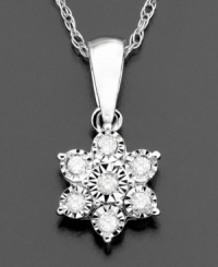 A gorgeous arrangement of round-cut diamonds (1/10 ct. t.w.) set in lustrous 14k white gold. Approximate necklace length: 18 inches. Approximate drop: 1/2 inch. A gorgeous arrangement of round-cut diamonds (1/10 ct. t.w.) set in lustrous 14k white gold. Approximate necklace length: 18 inches. Approximate drop: 1/2 inch.
