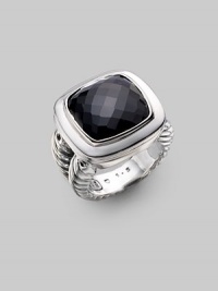 From the Albion Collection. Elegantly faceted black onyx sits with a smooth bezel and double cable band of sterling silver. Black onyx Sterling silver About ¾ square Made in USA