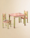 From the Magic Garden Collection. This cheerful, hand-painted 3-piece set will host many tea parties and other playtime activities.Includes table and two chairs Hand-painted with scalloped edges Table measures 28W X 22½H X 23½D Constructed of MDF Imported Recommended for ages 3 and up Please note: Some assembly may be required. 