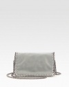 A sleek foldover silhouette of faux leather, finished with polished chain trim.Chain strap, 19 dropFlap snap closureOne inside open pocketNylon logo lining8½W X 5H X 2DFaux leatherMade in Italy
