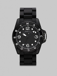 In stylish black and white, a sporty timepiece for the man on the go.QuartzWater-resistant to 5 ATMRound case; 45mm (1.8)Black dial with white detailsNumbers and markersDate display at 3 o'clockSecond handBlack IP and stainless steel with silicone wrapMade in Japan In stylish black and white, a sporty timepiece for the man on the go.QuartzWater-resistant to 5 ATMRound case; 45mm (1.8)Black dial with white detailsNumbers and markersDate display at 3 o'clockSecond handBlack IP and stainless steel with silicone wrapMade in Japan