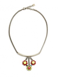 THE LOOKCollar silhouetteBar with flower pendantNeon-coated crystal accentsSnake chainOxidized silverplated brass settingLobster claspTHE MEASUREMENTPendant width, about 1.75Pendant length, about 1.75Length, about 17ORIGINMade in USA THE LOOKCollar silhouetteBar with flower pendantNeon-coated crystal accentsSnake chainOxidized silverplated brass settingLobster claspTHE MEASUREMENTPendant width, about 1.75Pendant length, about 1.75Length, about 17ORIGINMade in USA
