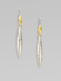 An elegant design of textured, hammered 24k gold and sterling silver. 24k goldSterling silverLength, about 2¾Hook backImported 