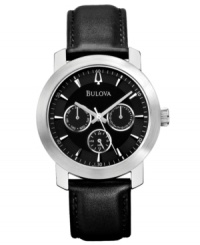 Black leather never goes out of style. This handsome timepiece from Bulova reaffirms the fact. Black leather never goes out of style. This handsome timepiece from Bulova reaffirms the fact.