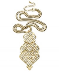 Subtle chevron designs make a statement on this pendant necklace from Bar III. Crafted in gold tone mixed metal. Approximate length: 16 inches. Approximate drop: 4 inches. Subtle chevron designs make a statement on this pendant necklace from Bar III. Crafted in gold tone mixed metal. Approximate length: 16 inches. Approximate drop: 4 inches.