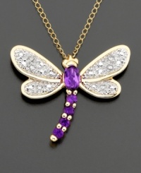 Dazzling dragonfly. A whimsical 14k gold pendant with round and oval-cut amethysts (1/4 ct. t.w.) and sparkling diamond-accented wings. Chain measures 18 inches. Dazzling dragonfly. A whimsical 14k gold pendant with round and oval-cut amethysts (1/4 ct. t.w.) and sparkling diamond-accented wings. Chain measures 18 inches.