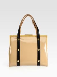 A modern and avant-garde brand with beautifully-crafted pieces such as this luxurious patent leather style with a colorblock design accented in edgy studs.Adjustable top handlesTop clasp closureInside pocketsFully lined11W X 8¾H X 1½DMade in Italy A modern and avant-garde brand with beautifully-crafted pieces such as this luxurious patent leather style with a colorblock design accented in edgy studs.Adjustable top handlesTop clasp closureInside pocketsFully lined11W X 8¾H X 1½DMade in Italy