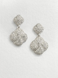 An exquisite knot motif encrusted in pavé crystals. CrystalsRhodium-plated brassLength, about .87Post backImported An exquisite knot motif encrusted in pavé crystals. CrystalsRhodium-plated brassLength, about .87Post backImported