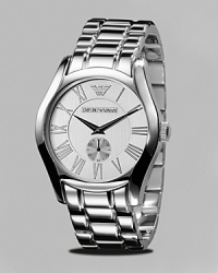 This classic vintage-inspired watch features a round silver dial with Roman numerals and sub-second dial. Features Japanese movement. This classic vintage-inspired watch features a round silver dial with Roman numerals and sub-second dial. Features Japanese movement.