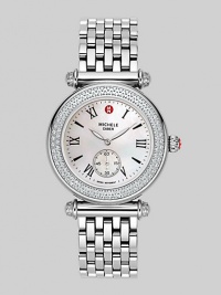 From the Caber Collection. A timepiece both graceful and sophisticated, in polished stainless steel with a diamond bezel and mother-of-pearl dial. Swiss quartz movement Water-resistant to 5 ATM Diamond bezel, 0.58 tcw Slightly oval case; 46mm X 37mm (1.81 X 1.46) Sapphire crystal Mother-of-pearl dial Roman numerals Second hand sub-dial at 6 o'clock Link bracelet; width 18mm (.71) Imported From the Caber Collection. A timepiece both graceful and sophisticated, in polished stainless steel with a diamond bezel and mother-of-pearl dial. Swiss quartz movement Water-resistant to 5 ATM Diamond bezel, 0.58 tcw Slightly oval case; 46mm X 37mm (1.81 X 1.46) Sapphire crystal Mother-of-pearl dial Roman numerals Second hand sub-dial at 6 o'clock Link bracelet; width 18mm (.71) Imported