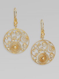 A truly radiant piece with sparkling diamond accents in delicate textures and a swirl design. 18k goldDiamonds, .3 tcwDrop, about 1Hook backMade in Italy A truly radiant piece with sparkling diamond accents in delicate textures and a swirl design. 18k goldDiamonds, .3 tcwDrop, about 1Hook backMade in Italy