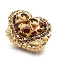 Let your inner wild child loose with this fierce leopard ring by Betsey Johnson. Glass-covered leopard print features a central ribbon decoration and sparkling crystal accents at the edges. Crafted in antique gold-plated mixed metal. Size 7-1/2. Comes with pink satin gift box. Let your inner wild child loose with this fierce leopard ring by Betsey Johnson. Glass-covered leopard print features a central ribbon decoration and sparkling crystal accents at the edges. Crafted in antique gold-plated mixed metal. Size 7-1/2. Comes with pink satin gift box.