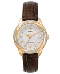Rosy features, classic leather and magnificent diamond shine combine to create a handsome Bulova timepiece. Rosy features, classic leather and magnificent diamond shine combine to create a handsome Bulova timepiece.