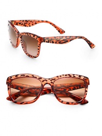 Be the cat's meow in these leopard-printed plastic frames. Available in orange frames with brown gradient lenses or leopard with brown gradient lens.Plastic temples with gold logo100% UV ProtectionMade in Italy 