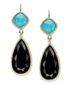 Adorn yourself with playful shapes and brilliant color. These pretty drop earrings highlight pear-cut onyx (14 ct. t.w.) and cushion-cut turquoise (4 ct. t.w.) in 14k gold. Approximate drop: 1-3/4 inches.