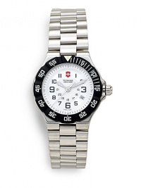 THE LOOKRound stainless steel case, 32mm (1.25)Precision Swiss quartz movement Unidirectional rotating black bezelScrew-in case backShock-resistant mineral crystalSilver dialBold Arabic numeral hour markersLuminescent handsDate window at 4:00Crown with diver extensionBrushed stainless steel link braceletDouble-locking foldover claspWater resistant to 10 ATMTHE MATERIALStainless steelORIGINMade in Switzerland THE LOOKRound stainless steel case, 32mm (1.25)Precision Swiss quartz movement Unidirectional rotating black bezelScrew-in case backShock-resistant mineral crystalSilver dialBold Arabic numeral hour markersLuminescent handsDate window at 4:00Crown with diver extensionBrushed stainless steel link braceletDouble-locking foldover claspWater resistant to 10 ATMTHE MATERIALStainless steelORIGINMade in Switzerland