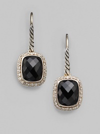 From the Noblesse Collection. A squared drop of faceted black onyx, framed by sparkling diamonds, hangs from a cable of sterling silver. Diamonds, 0.42 tcw Black onyx Sterling silver Drop, about ½ Ear wire Imported From the Noblesse Collection. A squared drop of faceted black onyx, framed by sparkling diamonds, hangs from a cable of sterling silver. Diamonds, 0.42 tcw Black onyx Sterling silver Drop, about ½ Ear wire Imported