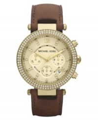 Adorned with shimmering Swarovski elements, this golden hued watch from Michael Kors brings everyday elegance. Adorned with shimmering Swarovski elements, this golden hued watch from Michael Kors brings everyday elegance.