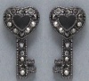 Small Hematite Plated Sparkling Black Crystal Open Heart Shaped 1/2 Key Stud Earrings
