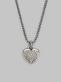 From the Hearts Collection. A sweet heart with a center of pavé diamonds hangs from a sterling silver cable bale and box chain. Diamonds, 0.23 tcw Sterling silver Chain length, about 17 Pendant length, about ¾ including bale Lobster clasp Made in USA From the Hearts Collection. A sweet heart with a center of pavé diamonds hangs from a sterling silver cable bale and box chain. Diamonds, 0.23 tcw Sterling silver Chain length, about 17 Pendant length, about ¾ including bale Lobster clasp Made in USA