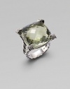 From the Cushion on Point Collection. A split cable band of sterling silver holds a faceted cushion of soft green prasiolite, with shimmering pavé diamonds at the corners. Prasiolite Diamonds, 0.12 tcw Sterling silver About ¾ square Made in USA