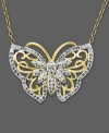 Glitter in the sky. With delicate wings, sparkling crystals and Swarovski Elements, Kaleidoscope's pretty butterfly pendant is sure to make you smile. Crafted in 18k gold over sterling silver. Approximate length: 18 inches. Approximate drop: 1-1/5 inches.