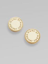 Simple enamel discs display the designer's imprint in raised golden letters. Enamel on brass Diameter, about ½ Post back Imported