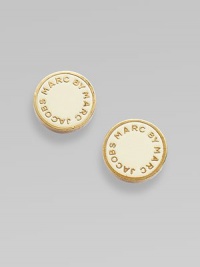 Simple enamel discs display the designer's imprint in raised golden letters. Enamel on brass Diameter, about ½ Post back Imported Simple enamel discs display the designer's imprint in raised golden letters. Enamel on brass Diameter, about ½ Post back Imported