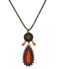 Style inspired by the South Pacific. Jessica Simpson's oh-so summery pendant features a brilliant coral-colored plastic teardrop and accents set in bronze tone mixed metal. Pendant hangs from a trendy silver tone mixed metal chain. Approximate length: 30 inches. Approximate drop: 2-1/2 inches. Style inspired by the South Pacific. Jessica Simpson's oh-so summery pendant features a brilliant coral-colored plastic teardrop and accents set in bronze tone mixed metal. Pendant hangs from a trendy silver tone mixed metal chain. Approximate length: 30 inches. Approximate drop: 2-1/2 inches.