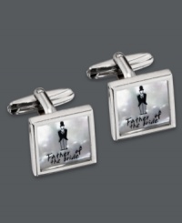 Commemorate a very special day with these keepsake cuff links. Crafted from Mother of Pearl, the surface portrays a man in a tuxedo and top hat with the words Father of the bride. Crafted in sterling silver. Approximate diameter: 5/8 inch.