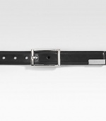 Leather belt with rectangular buckle and engraved metal detail. Palladium detail 1.2 wide Made in Italy 