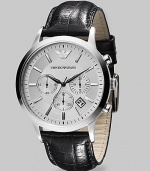 A slim, stainless steel timepiece crafted with chronograph functionality on a croco-textured leather strap. Quartz movement Water-resistant to 5ATM /50m Stainless steel case, 43mm, 1.69 Croco leather band, 23mm wide, .90 Sapphire crystal Cream dial Hour markers Date display Imported 