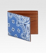 Bandana print adds a touch of whimsy and character to a classic billfold of textured leather.One billfold compartmentSix card slotsLeather4W x 4HImported