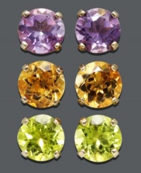 Mix and match with this colorful earring set. Features round-cut studs in citrine (3/4 ct. t.w.), amethyst (3/4 ct. t.w.) and peridot (3/4 ct. t.w.) Crafted in 14k gold. Approximate diameter: 1/4 inch. Mix and match with this colorful earring set. Features round-cut studs in citrine (3/4 ct. t.w.), amethyst (3/4 ct. t.w.) and peridot (3/4 ct. t.w.) Crafted in 14k gold. Approximate diameter: 1/4 inch.