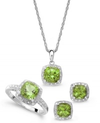 A subtle green sheen. Cushion-cut peridots (4-3/4 ct. t.w.) and sparkling diamond accents adorn this pretty matching jewelry set. Includes a pendant, stud earrings and ring in sterling silver. Approximate necklace length: 18 inches. Approximate drop: 1/2 inch. Approximate earring diameter: 1/4 inch. Size 7. A subtle green sheen. Cushion-cut peridots (4-3/4 ct. t.w.) and sparkling diamond accents adorn this pretty matching jewelry set. Includes a pendant, stud earrings and ring in sterling silver. Approximate necklace length: 18 inches. Approximate drop: 1/2 inch. Approximate earring diameter: 1/4 inch. Size 7.