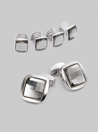 A luxury set that appoints a formal look with polished style, defined by Swarovski crystal detail in rhodium-plated metal. Set includes 2 cuff links and 4 matching shirt studs Cuff links: about ¾ square Shirt studs: about ¼ square Imported 