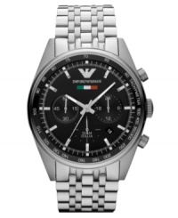 With the limited edition 2012 Olympic collection, Emporio Armani embraces their Team Italia pride with this striking steel watch with precise chronograph tech. Includes a gift box. With the limited edition 2012 Olympic collection, Emporio Armani embraces their Team Italia pride with this striking steel watch with precise chronograph tech. Includes a gift box.