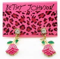 Betsey Johnson Crystal Accented Hot Pink Tulip Rose Dangle Earrings Betsey Johnson Crystal Accented Hot Pink Tulip Rose Dangle Earrings