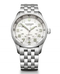 Embrace classic good looks. Stunning Airboss watch by Victorinox Swiss Army crafted of stainless steel bracelet and round case with exhibition back and anti-reflective sapphire crystal. White dial features luminous applied numerals, minute track, military time, date window at six o'clock, luminous hands and logo. Swiss automatic movement. Water resistant to 100 meters. Three-year limited warranty. Embrace classic good looks. Stunning Airboss watch by Victorinox Swiss Army crafted of stainless steel bracelet and round case with exhibition back and anti-reflective sapphire crystal. White dial features luminous applied numerals, minute track, military time, date window at six o'clock, luminous hands and logo. Swiss automatic movement. Water resistant to 100 meters. Three-year limited warranty.