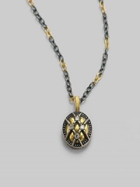 From the Capitone Collection. A oval drop pendant with crosshatched design and diamond accents on a two-tone chain.Diamond, 0.07 tcw 24K yellow gold 4K yellow gold Length, about 16 - 18 Pendant, about ½ Pelican clasp Imported From the Capitone Collection. A oval drop pendant with crosshatched design and diamond accents on a two-tone chain.Diamond, 0.07 tcw 24K yellow gold 4K yellow gold Length, about 16 - 18 Pendant, about ½ Pelican clasp Imported