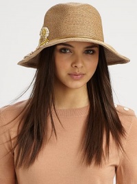 This pretty style pays attention to detail with a brass snake chain band and lovely floral appliqué. 90% toyo paper/10% cottonBrass snake chainBrim, about 2½Hand washMade in USA of imported fabrics This pretty style pays attention to detail with a brass snake chain band and lovely floral appliqué. 90% toyo paper/10% cottonBrass snake chainBrim, about 2½Hand washMade in USA of imported fabrics